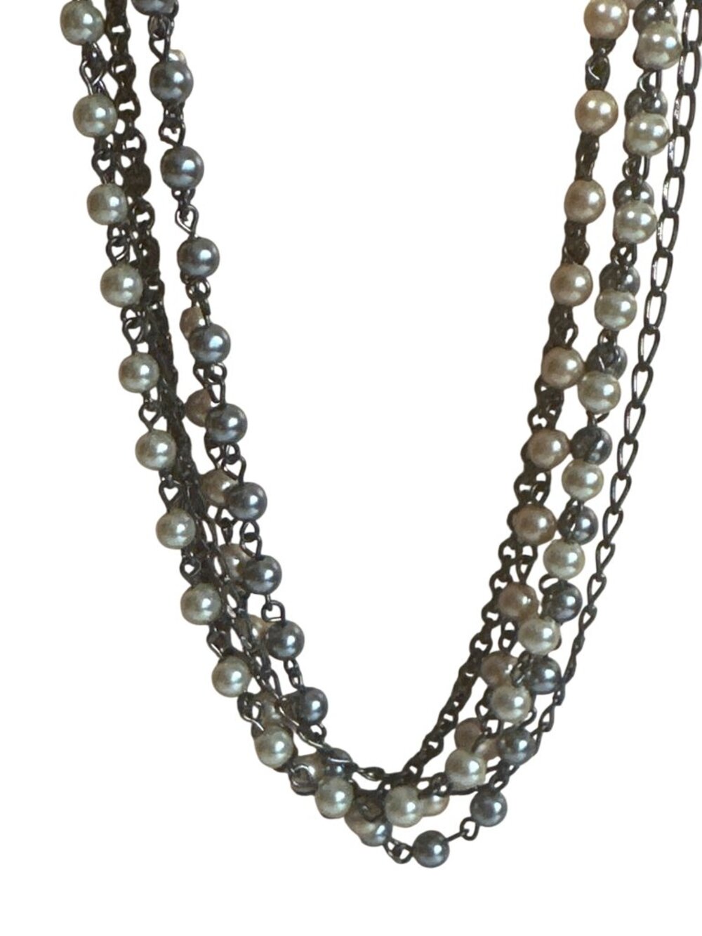 Multi-Strand Necklace Gunmetal Chain Faux Pearls Statement Jewelry Elegant